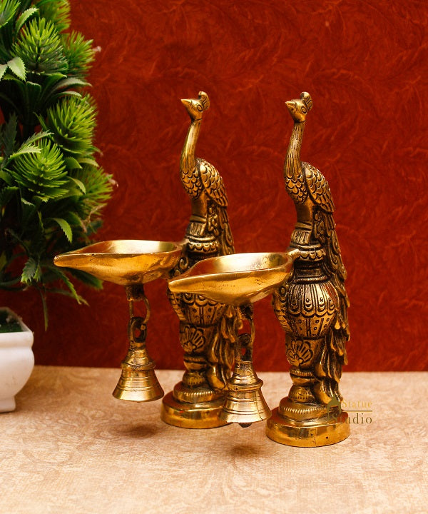 Brass Peacock Oil Lamp Diya Pair Home Office Pooja Temple Diwali Décor Gift 6.5"