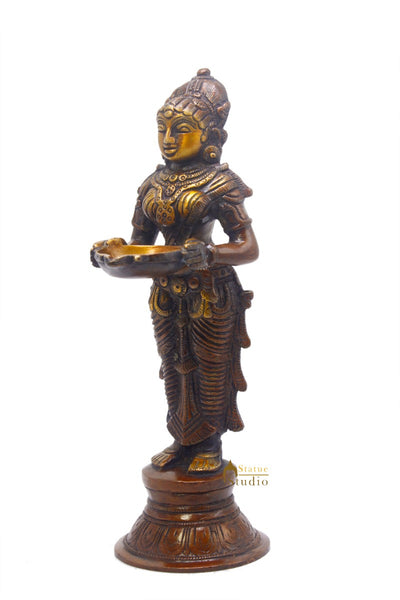 Brass Standing Deep Lady DeepLakshmi Idol For Home Temple Pooja Room Diwali Décor Statue 9"