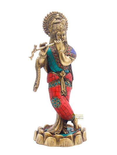 Brass Krishna Idol For Home Temple Religious Décor Lucky Gift Statue 10"