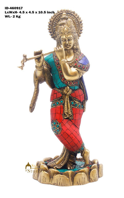 Brass Krishna Idol For Home Temple Religious Décor Lucky Gift Statue 10"