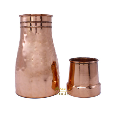 Copper Hammered Serving Jug With 4 Glass Set For Home Kitchen Décor Diwali Gift
