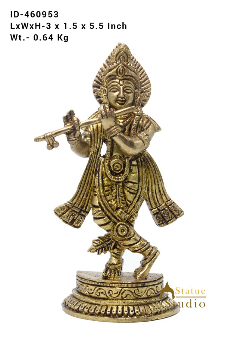 Brass Krishna Idol For Home Temple Religious Décor Lucky Gift Statue 6"