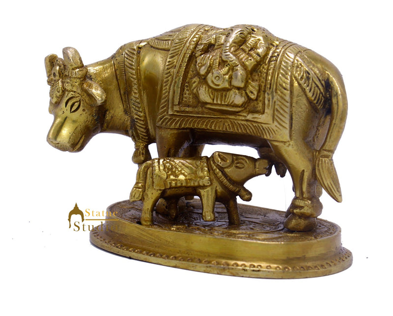 Brass Small Cow With Calf Statue For Religious Home Temple Décor Gift Idol 2.75"