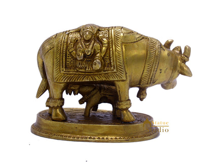 Brass Small Cow With Calf Statue For Religious Home Temple Décor Gift Idol 2.75"