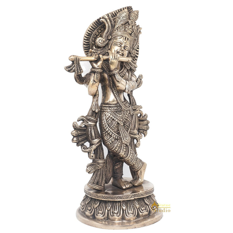 Brass Antique Lord Krishna Idol Fine Showpiece For Home Pooja Décor Gift 13"