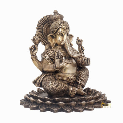 Brass Antique Ganesha On Lotus Petal Idol Statue For Home Décor Gift 7.5"