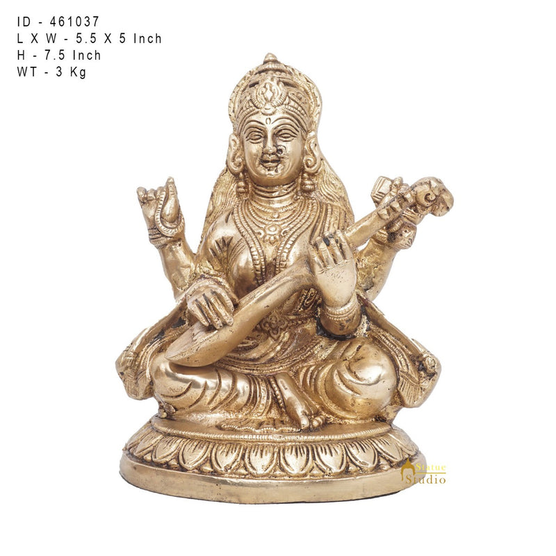 Brass Goddess Saraswati Idol Statue For Home Office Puja Room Décor 7.5"