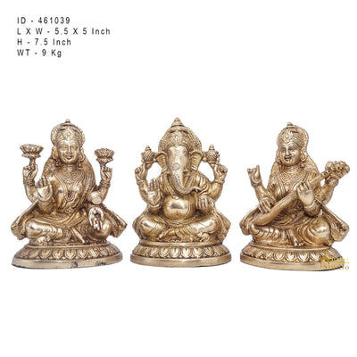 Brass Ganesha Lakshmi Saraswati Idol Statue For Diwali Home Puja Décor Gift 7.5"