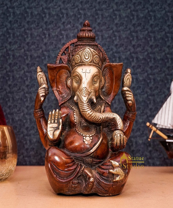 Brass Antique Ganesha Statue Ganpati Sitting Idol Home Pooja Room Décor Gift 7"