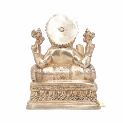 Brass Ganesha Statue Ganpati Sitting On Singhasan Idol Home Puja Décor Gift 7"