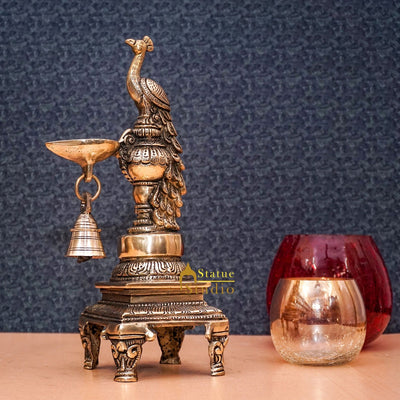 Brass Antique Peacock Bird Diya For Home Puja Diwali Festive Décor 10"