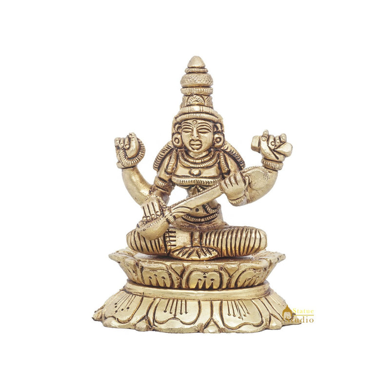 Brass Goddess Saraswati Idol Statue For Home Office Puja Room Décor 3"