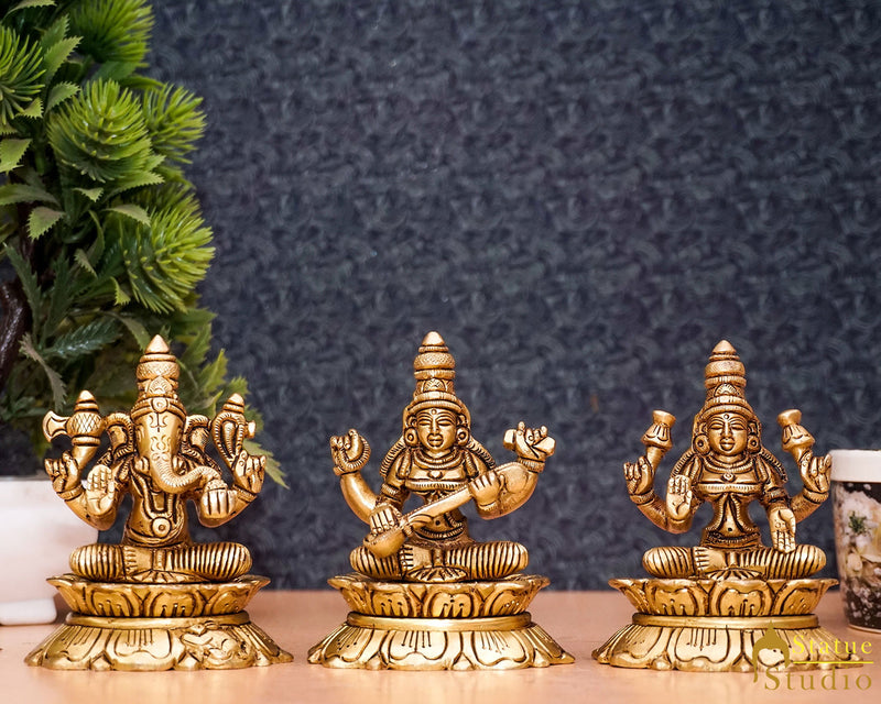 Brass Ganesha Lakshmi Saraswati Idol Statue For Diwali Home Puja Décor Gift 3"