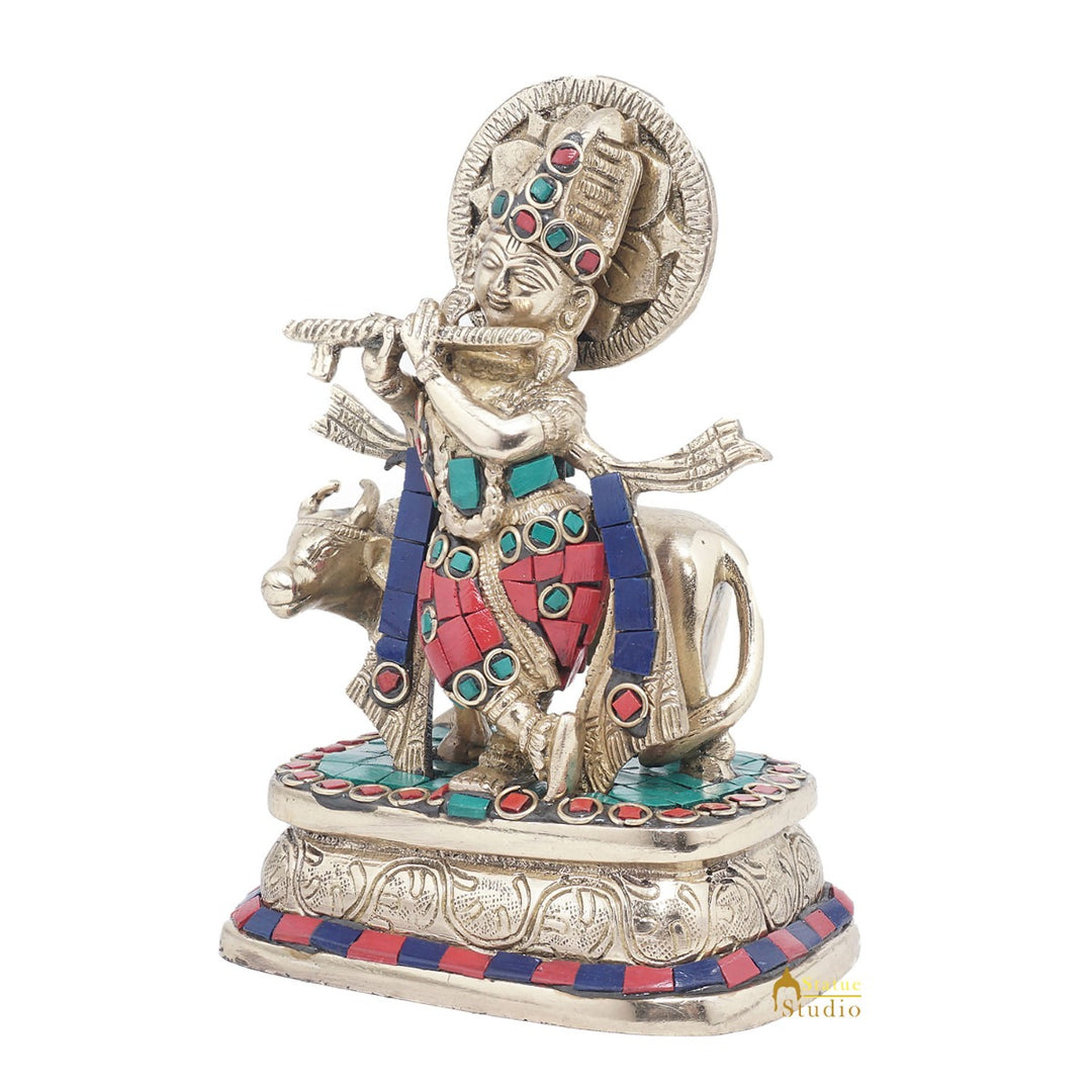 Brass Krishna With Cow Idol Home Office Desk Décor Lucky Gift Statue 6"