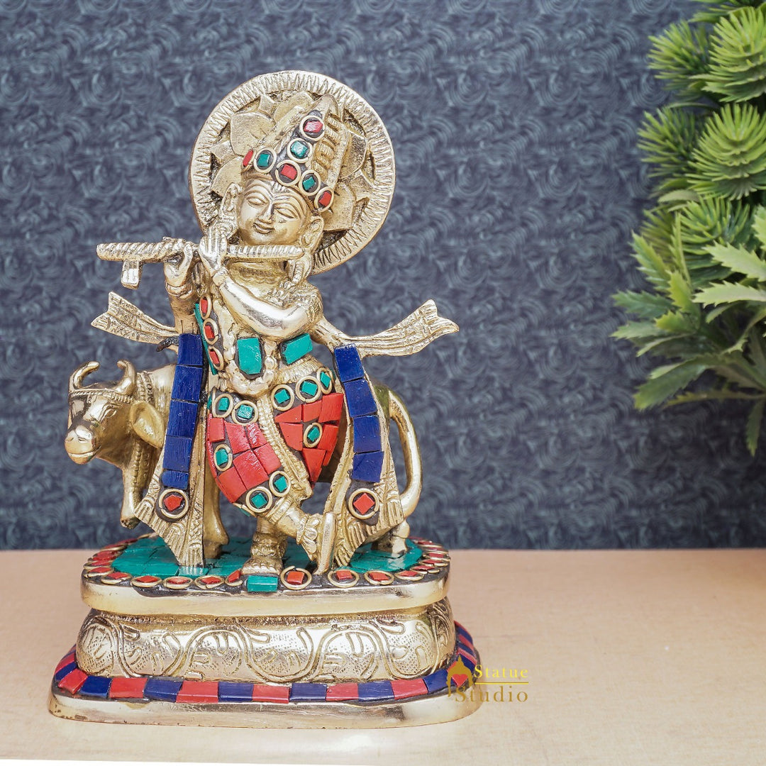 Brass Krishna With Cow Idol Home Office Desk Décor Lucky Gift Statue 6" - 461103