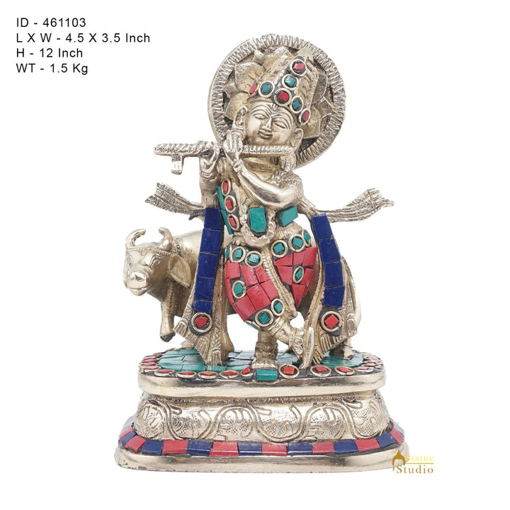 Brass Krishna With Cow Idol Home Office Desk Décor Lucky Gift Statue 6"