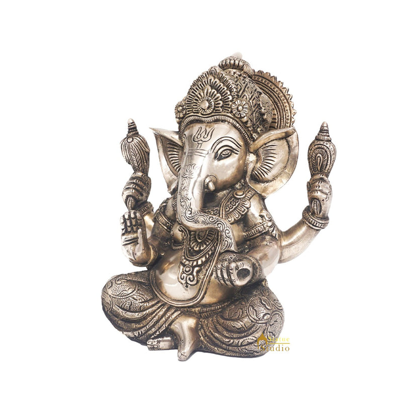 Brass Antique Ganesha Carved Idol Home Office Décor Ganpati Statue Lucky Gift 9"