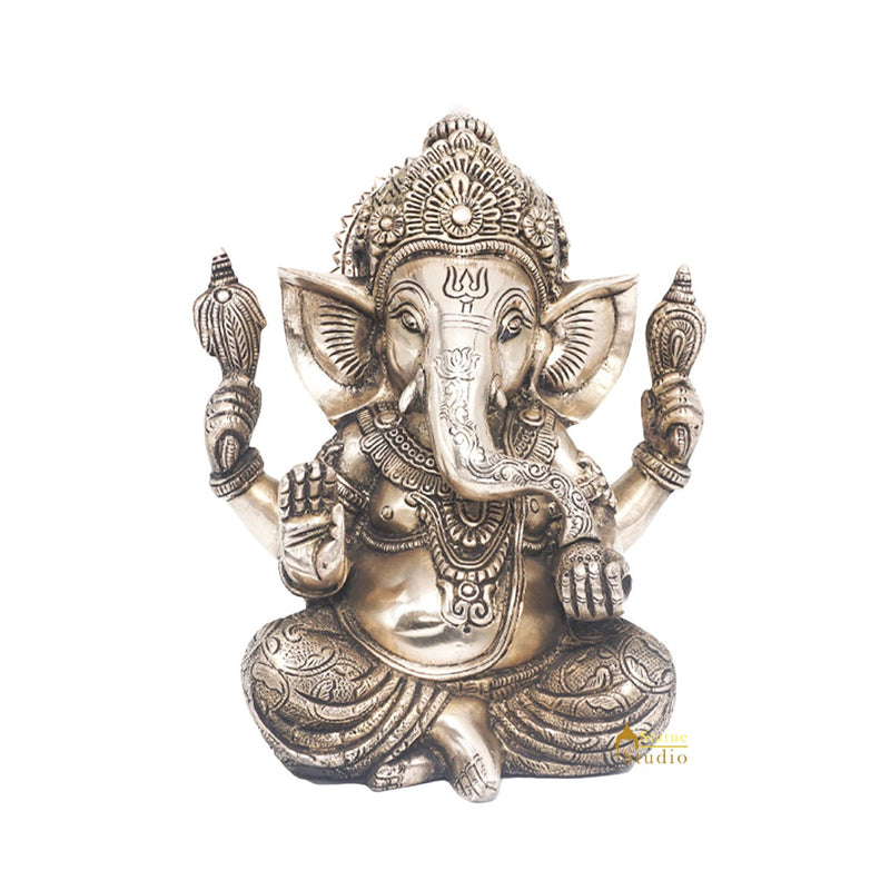 Brass Antique Ganesha Carved Idol Home Office Décor Ganpati Statue Lucky Gift 9"