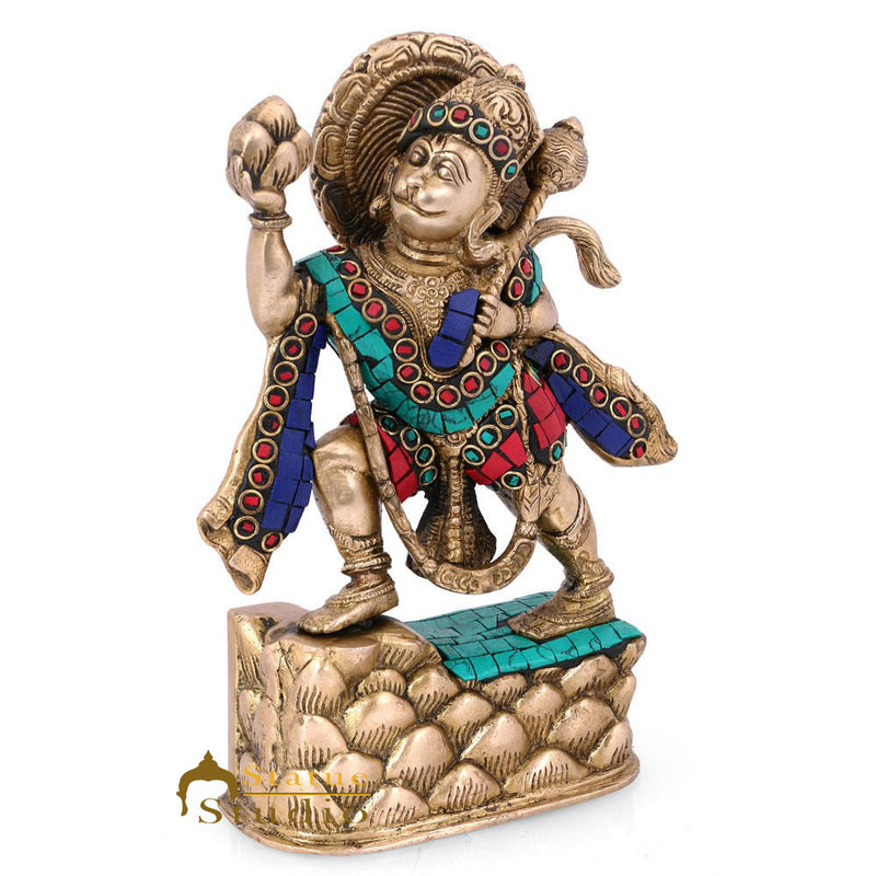 Brass Hanuman Idol Carrying Mountain Statue For Home Temple Décor Gift 7"