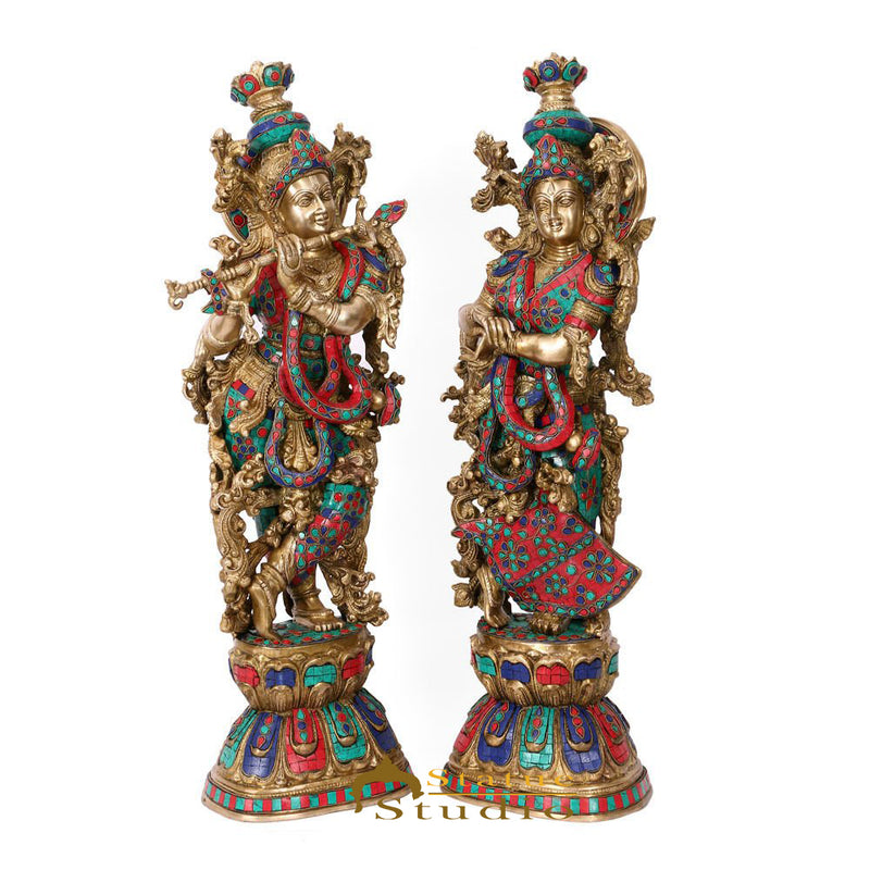 Brass Radha Krishna Idol For Home Office Garden Décor Large Inlay Statue 29"