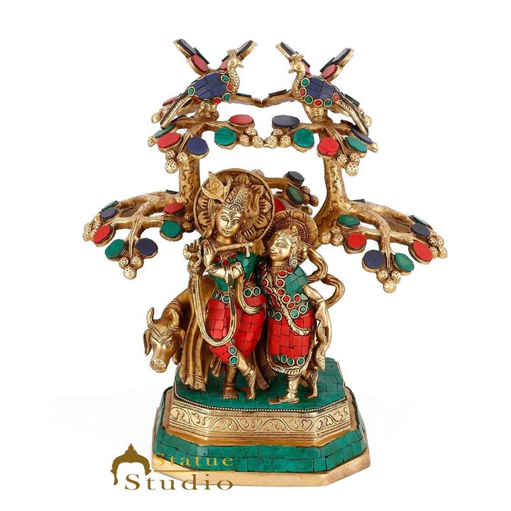 Brass Radha Krishna Idol With Cow Under Tree For Home Décor Large Inlay Statue - 461116
