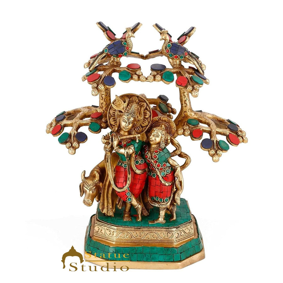 Brass Radha Krishna Idol With Cow Under Tree For Home Décor Large Inlay Statue - 461116