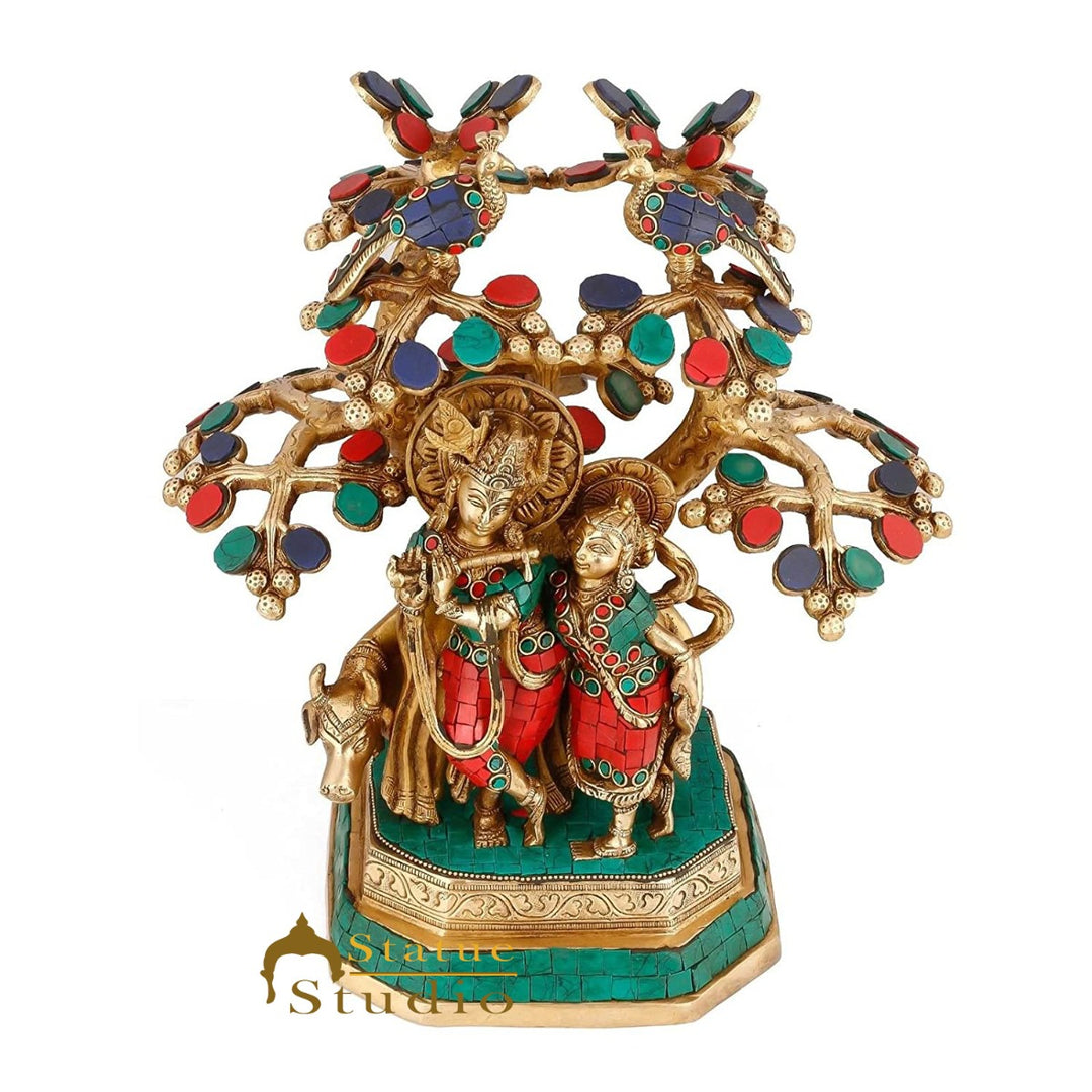 Brass Radha Krishna Idol With Cow Under Tree For Home Décor Large Inlay Statue