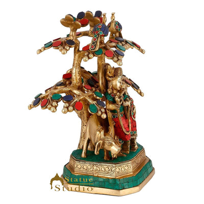 Brass Radha Krishna Idol With Cow Under Tree For Home Décor Large Inlay Statue