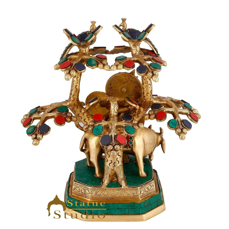 Brass Radha Krishna Idol With Cow Under Tree For Home Décor Large Inlay Statue