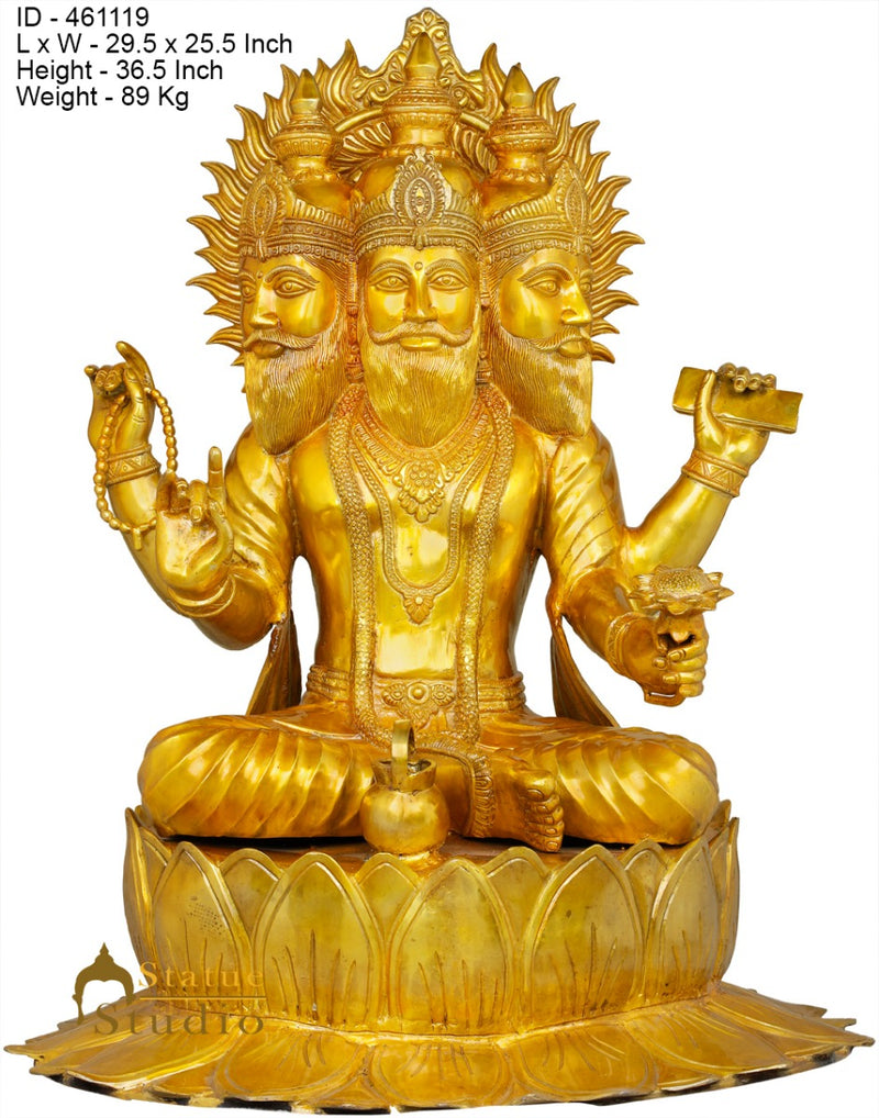 Brass Antique Lord Brahma Idol Sitting On Lotus Home Temple Religious Décor 3 ft