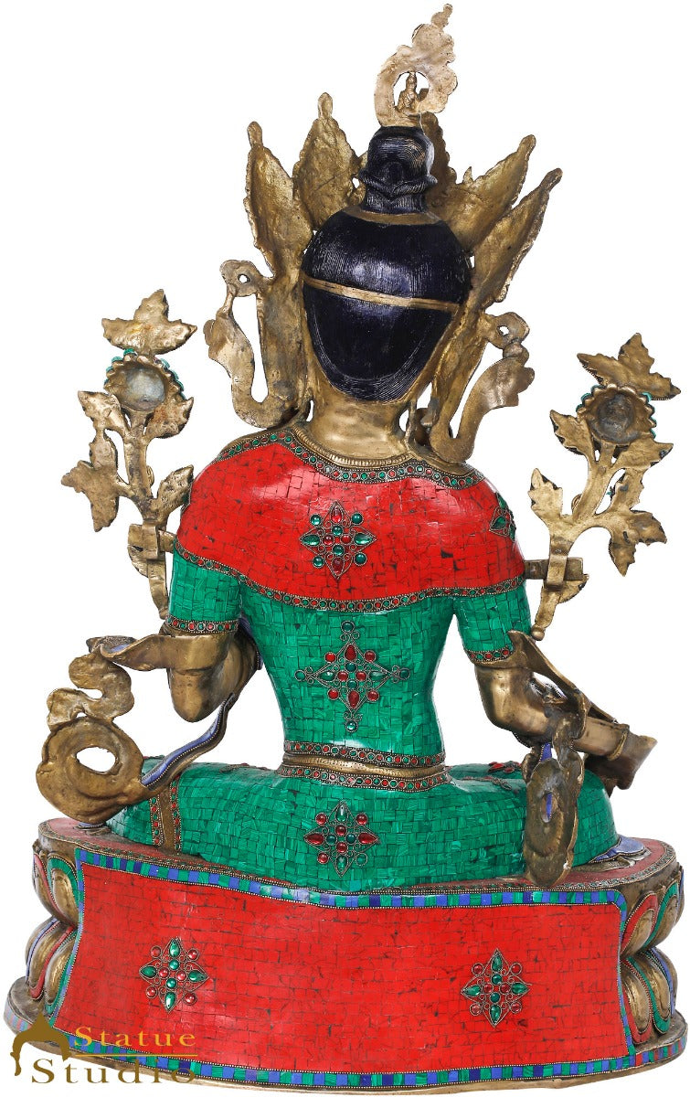 Brass Large Size Sitting Green Tara Décor Statue Female Buddha Idol 33"