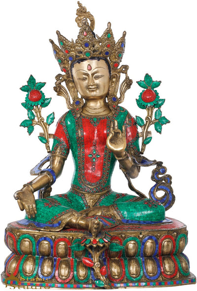 Brass Large Size Sitting Green Tara Décor Statue Female Buddha Idol 33"