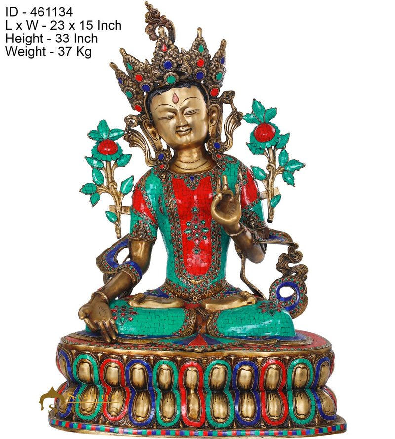 Brass Large Size Sitting White Tara Décor Statue Female Buddha Idol 33"