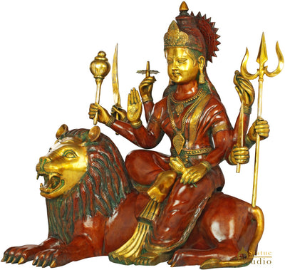 Brass Large Size Goddess Durga Sitting On Lion Home Temple Décor Idol 33"