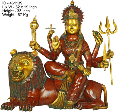 Brass Large Size Goddess Durga Sitting On Lion Home Temple Décor Idol 33"