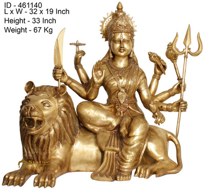 Brass Large Size Goddess Durga Sitting On Lion Home Temple Décor Statue 33"