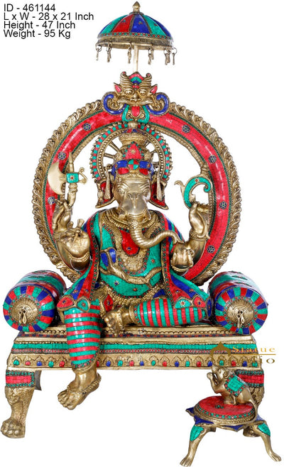 Brass Large Ganesha Statue Ganpati Idol Sitting On Royal Couch For Décor 4 Feet
