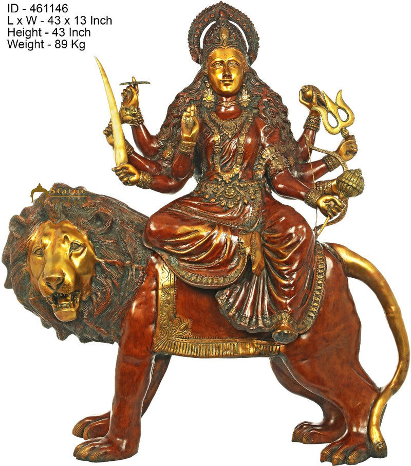 Brass Large Size Sherawali Seated On Lion Idol Durga Home Temple Statue 3.5 Feet