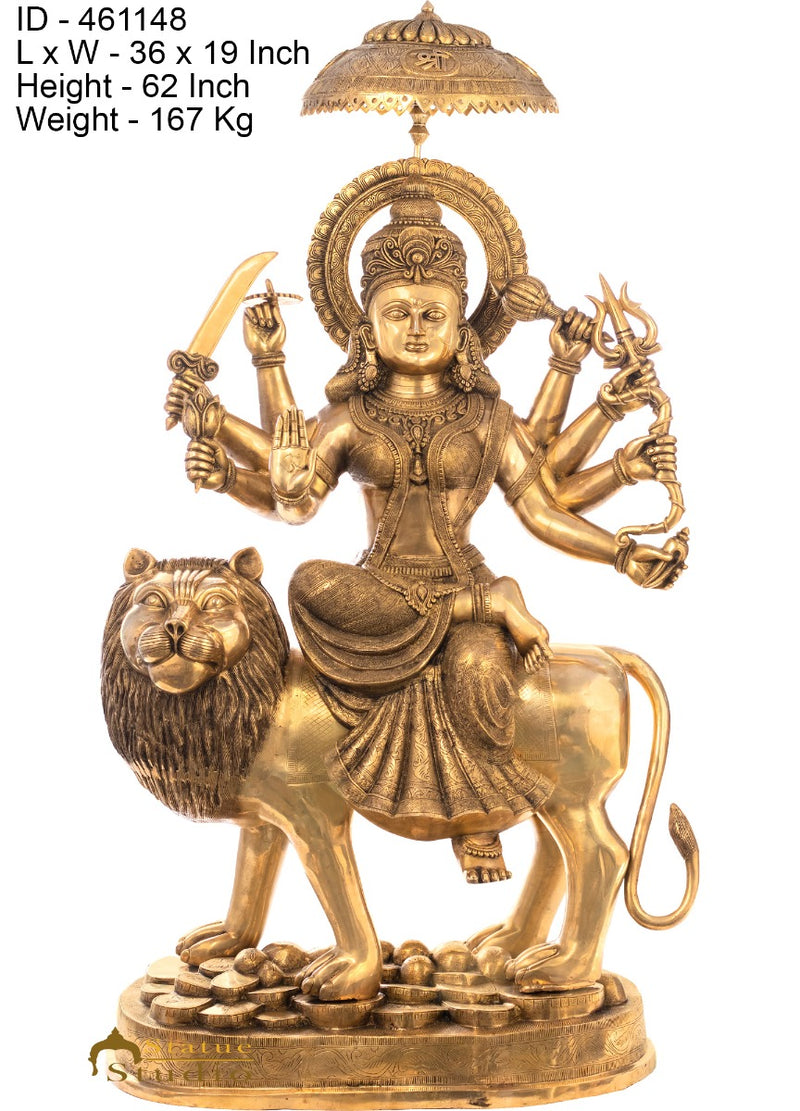 Brass Large Durga Seated On Lion Idol With Chatra On Top Home Temple 5 FT Statue
