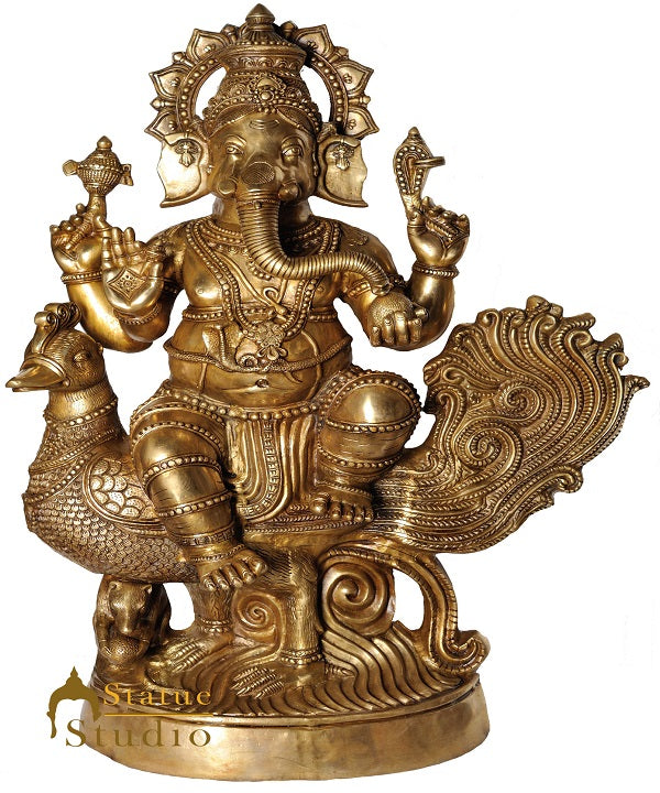 Brass Large Ganesha Idol Sitting On Mayur Home Temple Décor Statue 4 Feet