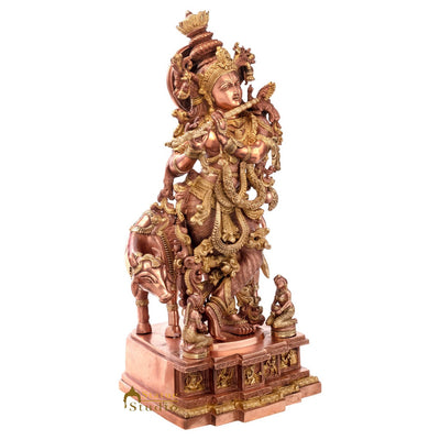 Brass Large Krishna Statue With Cow Home Office Garden Décor Gift Idol 28"