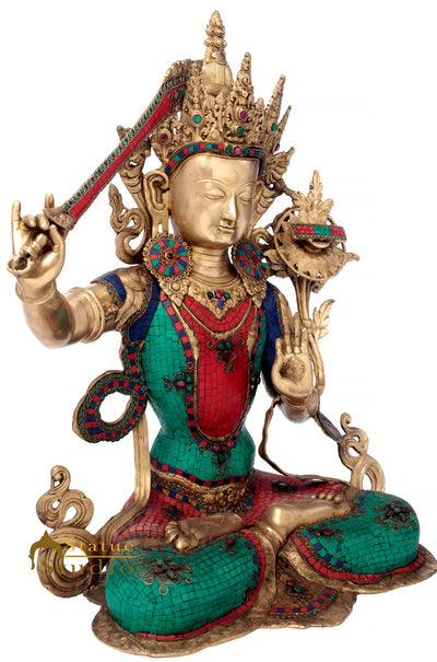 Brass Large Manjushri Statue Bodhisattva Buddha Idol Décor Showpiece 2.5 Feet