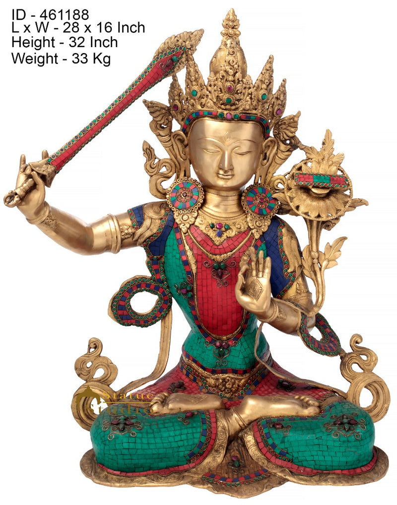 Brass Large Manjushri Statue Bodhisattva Buddha Idol Décor Showpiece 2.5 Feet