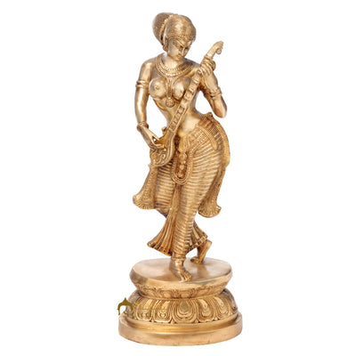 Brass Large Standing Saraswati Idol With Sitar Home Office Décor Statue 3 Feet