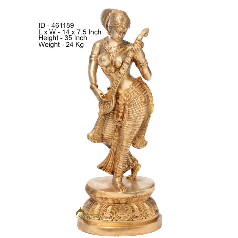 Brass Large Standing Saraswati Idol With Sitar Home Office Décor Statue 3 Feet