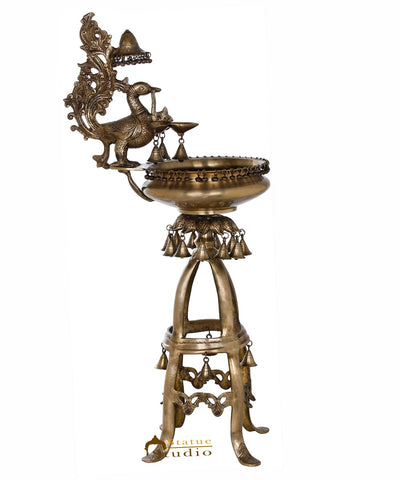 Brass Large Peacock Lamp Temple Home Décor Diya With Urli And Bells 3.5 Feet