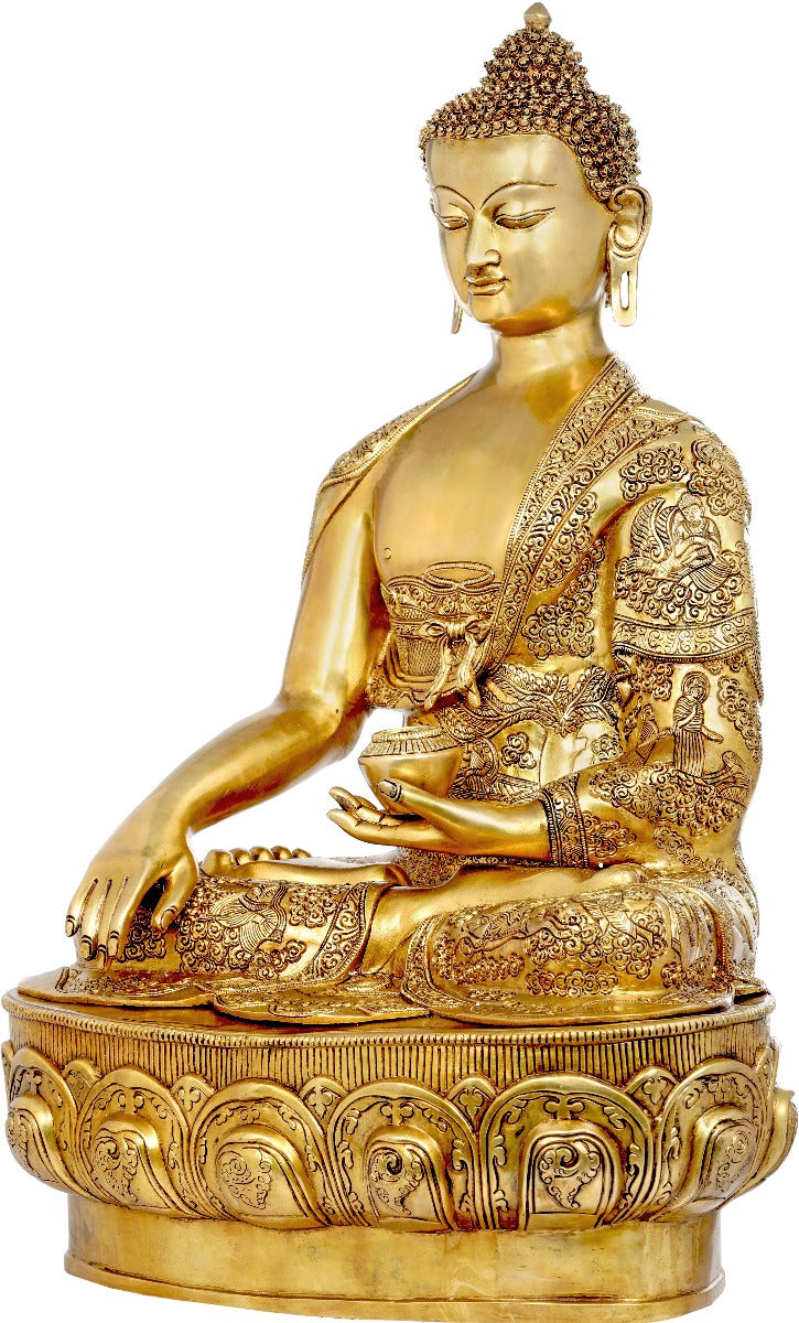 Brass Antique Buddha Statue Life Story Carved On Robe Décor Idol Showpiece 3 Ft