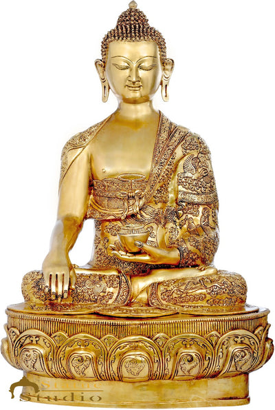 Brass Antique Buddha Statue Life Story Carved On Robe Décor Idol Showpiece 3 Ft