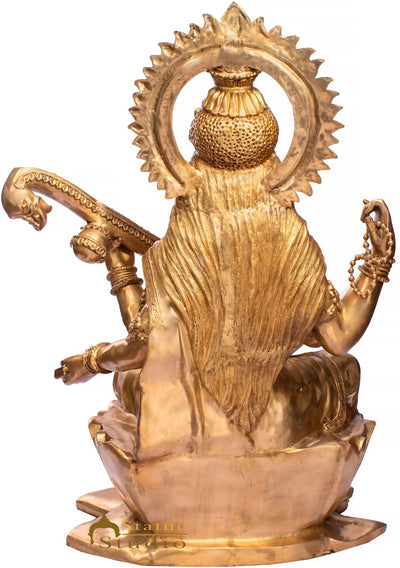 Brass Large Saraswati Idol Sitting On Lotus Home School Décor Statue 4.5 Feet
