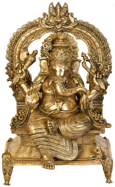 Brass Large Ganesha Idol Sitting On Throne Ganpati Statue Home Décor 2.5 Feet